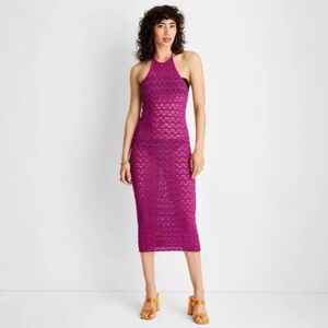 Halter Tie Neck Open Knit Crochet Midi Sweater Dress / Coverup